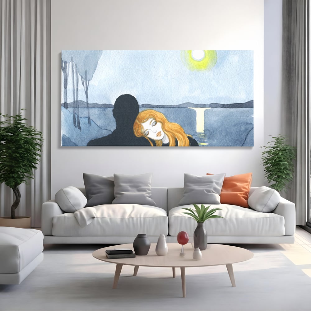 Tablou canvas cu pictura cu un cuplu langa lac, fara rama, pe sasiu de lemn, pe perete intr-un living